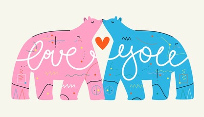 Vector illustration with kissing bears, red heart, abstract pattern and lettering words Love You. Colored typography poster with animals and calligraphy text.