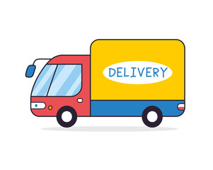 Yellow delivery van truck isolated vector cartoon line icon