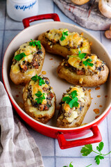 Stuffed potato with mushroom.selective focus
