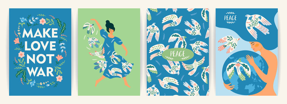 Peace on Earth. Woman and dove of peace. Vector set. Illustration for card, poster, flyer and other