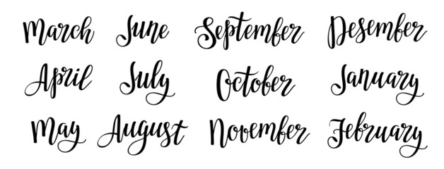 Set of hand drawn lettering with names of months. Handwritten months titles for print, invitation or greeting cards.