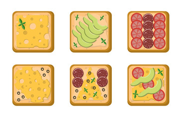 set of sandwiches with fried egg, tomato, avocado, sausage, olives and basil on white background. Vector image