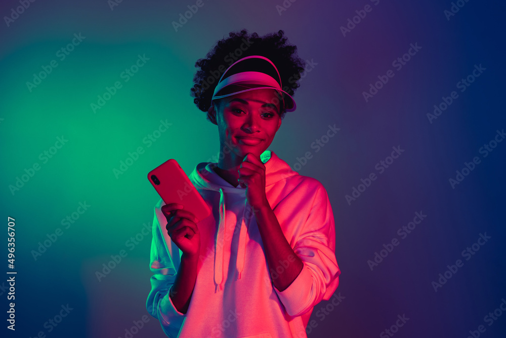 Sticker portrait of attractive trendy funky girl using device pastime summer party isolated over bright mult