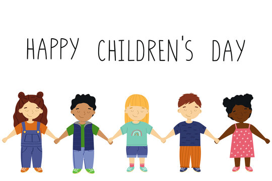 A group of cute children holding hands. Children's day concept. Celebrated annually in June. Isolated on white. Banner, poster, brochure, greeting card template.