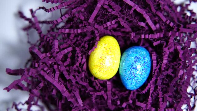 Happy Easter background. Colorful eggs in purple artificial bird's nest isolated on purple background. Easter concept.
