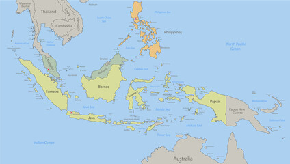Indonesia, Malaysia, Philippines map and islands classic color, individual states and city whit names vector