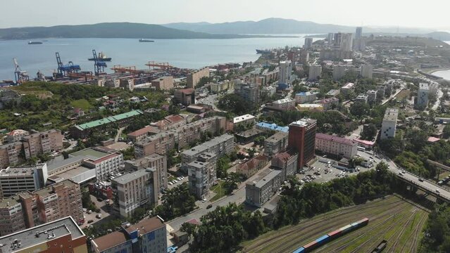 Aerial view of the outskirts of the city of Vladivostok.