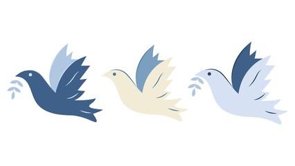 Set of doves in blue tones. Three doves of peace, a symbol of peace, a peace-loving bird. Flat design, closeup vector isolated illustration. The concept of the international day of peace.