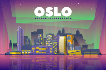 Oslo Norway skyline with panorama in night background. Vector Illustration. Business travel and tourism concept with modern buildings. Image for presentation, banner, placard and web site. - obrazy, fototapety, plakaty