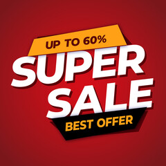 Super sale banner, discount, special offer and sale. Shop now. Up to 60% off. Mega sale, store, shop, online shopping, marketing, advertising. Vector illustration.
