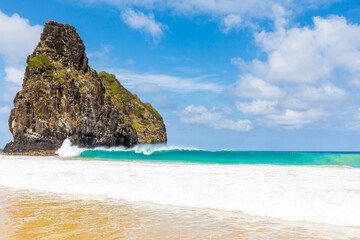 View of Two Brothers Mountain (Morro dos Dois Irmãos in Portuguese) from Cacimba do Padre beach in Fernando de Noronha, Brazil