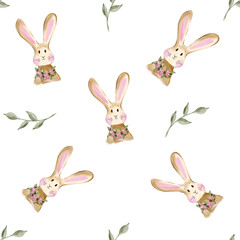 Hand drawn Cute bunny with flowers and green twig. Childish Seamless pattern isolated on white background. Illustration for fabric, wallpaper, paper