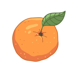 Orange with a leaf in cartoon style. Isolated food illustration.