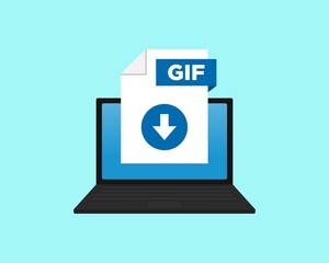 Download GIF icon file with label on laptop screen. Downloading document concept. Banner for business, marketing and advertising. Vector Illustration.