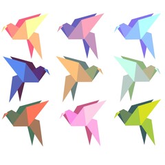 Set of colorful origami birds on white background in cartoon style. Isolated illustration.