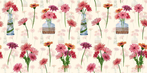 Seamless pattern with different gerberas and bouquet in vase. Hand-drawn watercolor illustration perfect for wallpaper, textile, fabric, wrapping paper, decoration of flower shop.