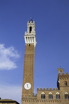 Low angle view of a tower, Torre del Mangia, Piazza del Campo, Siena, Italy
