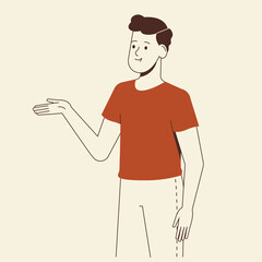 Illustration of a handsome young man showing or pointing at something. Minimalist vector flat design.
