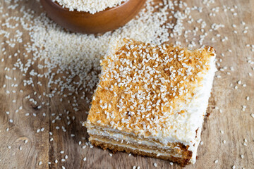 creamy cream and caramel cakes sprinkled with sesame
