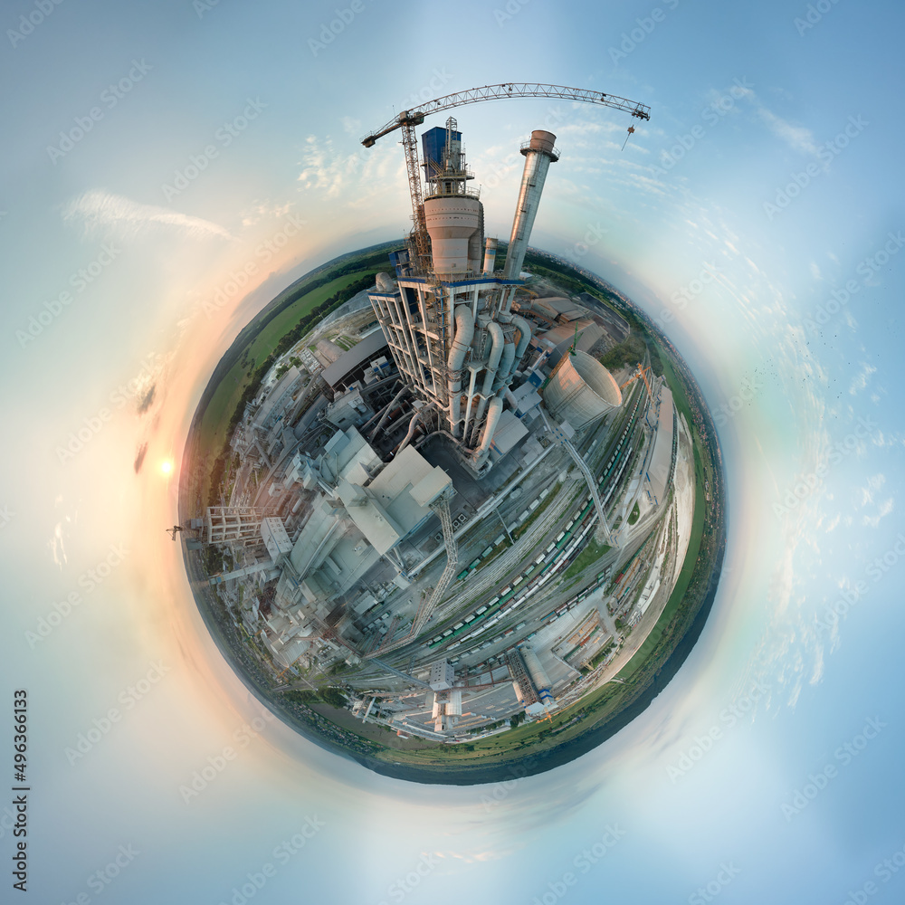 Sticker Aerial view from high altitude of little planet earth with cement factory high concrete structure and tower crane at industrial production area in evening. Manufacture and global industry concept - Stickers