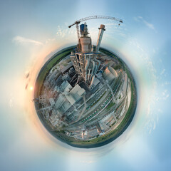 Aerial view from high altitude of little planet earth with cement factory high concrete structure...