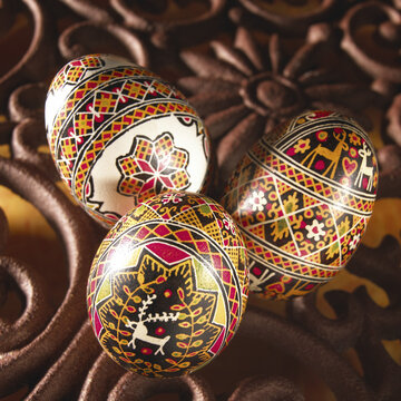 Close-up of three Easter eggs