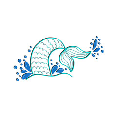 Hand drawn silhouette of mermaid's tail. illustration isolated on white background. Graphic tattoo.