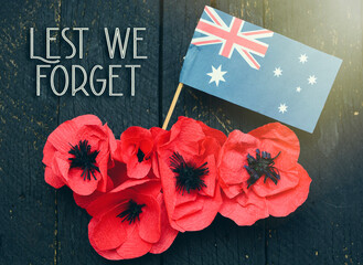 anzac day - Australian and New Zealand national public holiday, australian flag and poppy flowers...