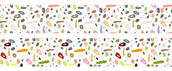 Vector abstract seamless border with chaotic specks.
Multicolored pattern for printing on fabric, paper or accessories.