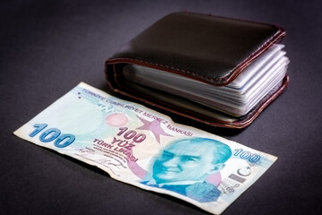 A hundred Turkish lira in selective focus. Credit card wallet and a 100 Turkish lira banknote next...