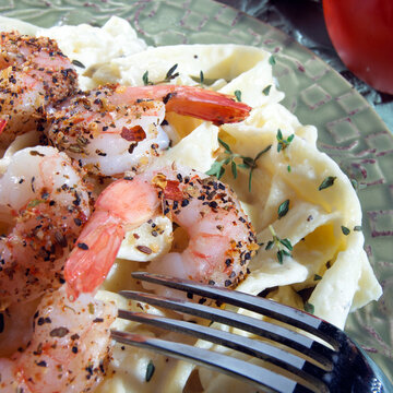 Close-up of Shrimp Fettuccini Alfredo on a plate