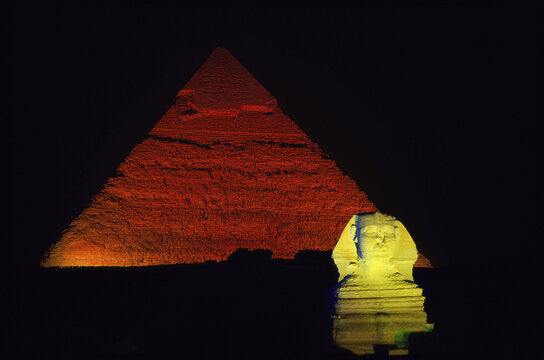 Great Sphinx lit up at night, Chephren Pyramid, Giza, Egypt
