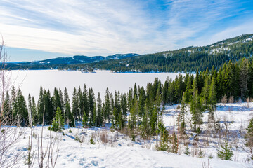 Winter landscape in snow covered Bymarka nature reserve with view of frozen lake Skjellbreia near Trondheim, Norway