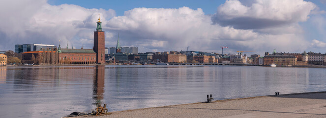 Panorama view at the bay Riddarfjärden and the down town buildings with the Town City Hall and a...