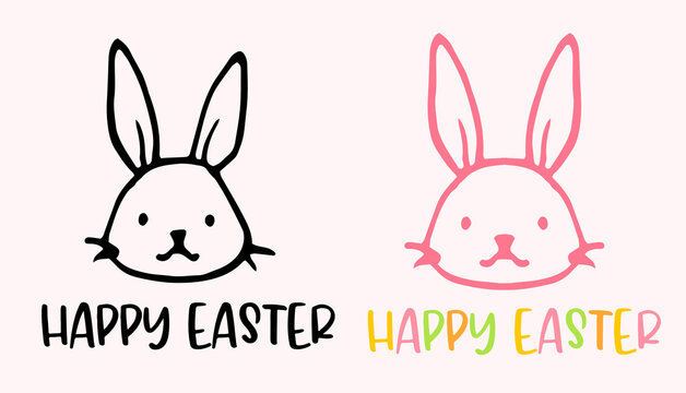 a set of Easter bunny with the inscription HAPPY EASTER. the head of a cute rabbit hand-drawn in cartoon style isolated contour and the inscription multicolored letters on white for the EASTER design 