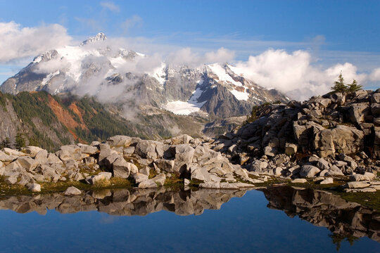 Reflection of rocks in a lake, Picture Lake, Mount Shuksan, Mount Baker-Snoqualmie National Forest, Washington, USA
