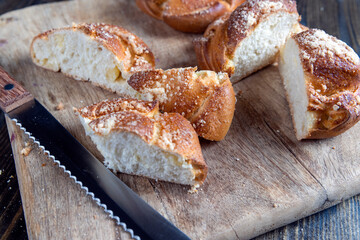 wheat fresh bun with filling cut into pieces