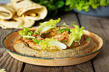 An oriental dish of baked eggplant babaganush (eggplant puree) with spices, herbs, lettuce and oriental flatbreads.
