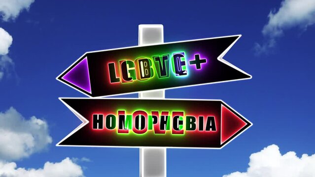 Neon signs with the words lgbtq and homophobia exploding and being replaced by the word love.Flag symbol of freedom, peace, and equality.concept of inclusion.lgbt concept.Rainbow flag.