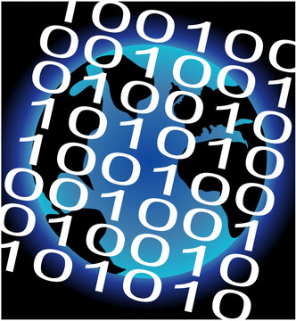 Close-up of binary code superimposed over a globe