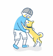 犬と戯れ合う男の子