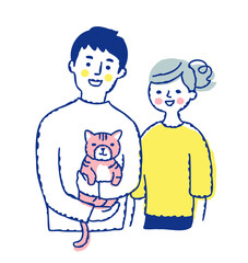 猫を抱っこしている笑顔の男性と女性