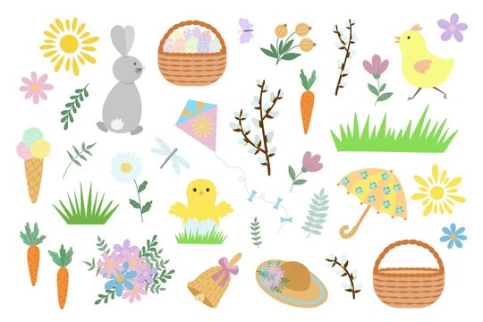 Easter spring holiday elements vector illustration, cute animals, floral decor, clipart for greeting card, poster, any design for spring holidays celebration decor