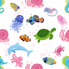 Marine life, fish, animals bright seamless pattern. sea travel, underwater diving animal tropical fish. Jellyfish, whale, shark, seahorse, clown fish, dolphin, turtle, emperor