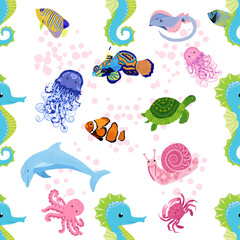 Marine life, fish, animals bright seamless pattern. sea travel, underwater diving animal tropical fish. Jellyfish, whale, shark, seahorse, clown fish, dolphin, turtle, emperor