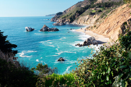 High angle view of rock formations in the sea, Julia Pfeiffer Burns State Park, California, USA
