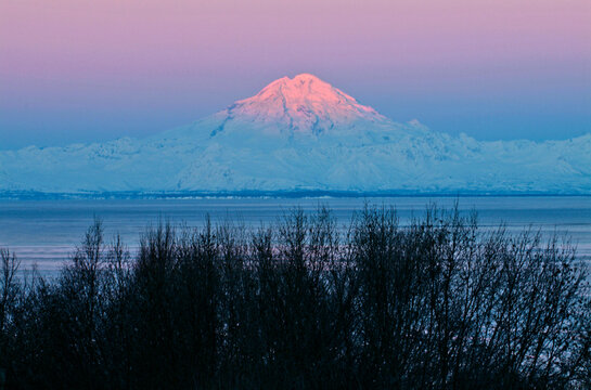 Sea in front of a volcanic mountain, Mount Redoubt, Cook Inlet, Alaska, USA