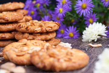 wheat-oatmeal cookies with peanuts, closeup