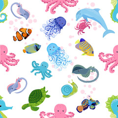 Marine life, fish, animals bright seamless pattern. sea travel, underwater diving animal tropical fish. Jellyfish, whale, shark, seahorse, clown fish, dolphin, turtle, emperor