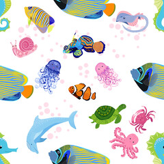 Marine life, fish, animals bright seamless pattern. sea travel, underwater diving animal tropical fish. Jellyfish, whale, shark, seahorse, clown fish, dolphin, turtle, emperor